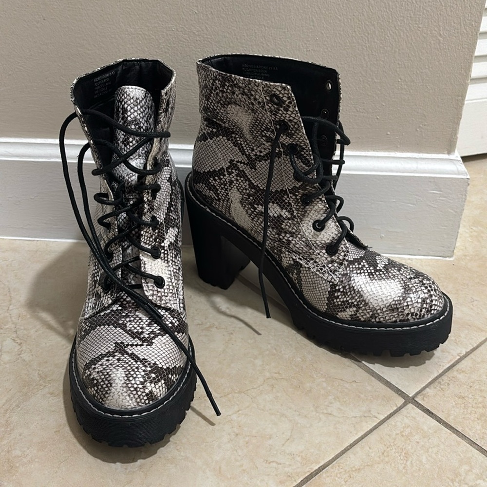 Snake print heeled boot by Madden Girl.
